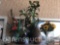 Decor vases with floral arrangements, wood, pottery and glass