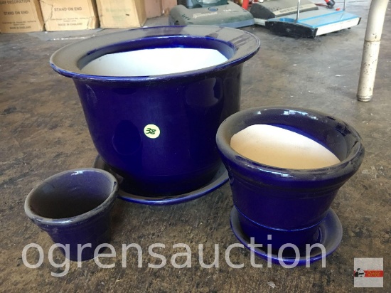 Decor pottery planter pots, 3 blue, 11"w, 6"w, 4"w