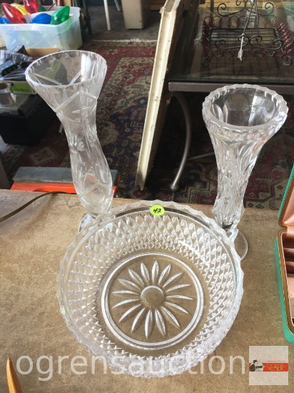 Glassware - 2 bud vases 9"h & 10"h and 1 fruit bowl 8"w
