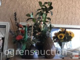Decor vases with floral arrangements, wood, pottery and glass