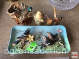 5 misc. bird figurines, relief wall plaque and vase