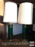 2 matching table lamps, vintage green glass w/enameled motif, 38.5