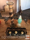 Candle holders, wood and metal and glass