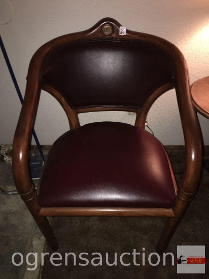 Furniture - Armed side chair, wood frame, burgundy leather upholstered seat and back