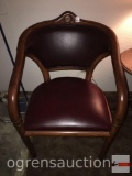 Furniture - Armed side chair, wood frame, burgundy leather upholstered seat and back