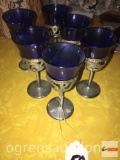 Stemware - 6 Cobalt blue glass in metal holders, 4.25