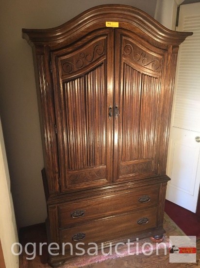Furniture - Armoire, Ethan Allen, dark oak, 2 door, 2 drawer, bun feet, 42.5"wx20"d, 76"h
