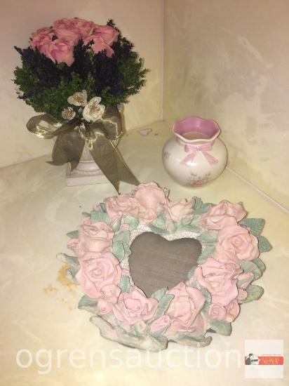 Decor items - 3 - candle holder, ornate relief roses/heart wall frame, floral accent decoration