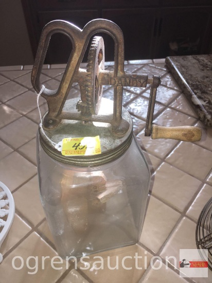 Kitchen ware - Vintage Dandy hand crank butter churn, glass jar, 15"h