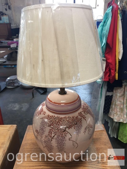Lighting - Table lamp - Vintage round base pottery lamp w/enameled grapes motif, 27.5"hx12"w