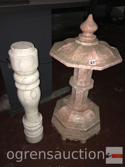 Decor - Marble pagoda, 3 pvs, 30"h, finial as is and marble pillar 26"h