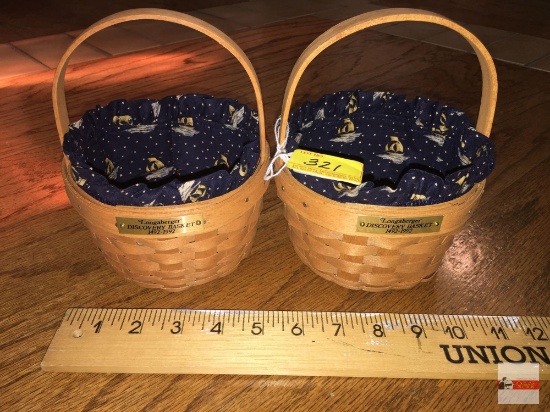 Longaberger Baskets - 2 Handwoven, Dresden, Ohio, USA 1991, signed w/liners, Discovery Basket 1492