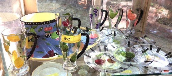 Dish ware - 2 Bella Casa serving dishes, 8 hand painted plates & 6 matching tall mug glasses