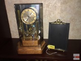 Clock - Anniversary carriage clock, roman numerals, oak base, 12 & beveled glass brass picture frame