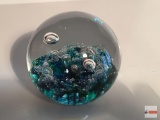 Art Glass paperweight - Selkirk Gems, signed, 1989, blue bubbles, 3.5