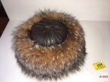 Hat - Fur broad trim leather hat, felt lined