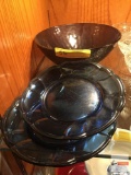 Kitchen ware - Lg. purple glass bowl and 2 blue glass plates