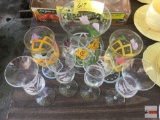 Glassware - Hand painted floral pitcher & 6 stemware