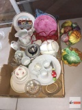 Misc. glassware, extra's, lids, cups, saucers, plates