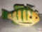 Fishing - Fish decoy - Hand carved, Green/yellow weighted decoy w/metal fins 6