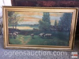 Artwork - vintage oil painting, grazing sheep