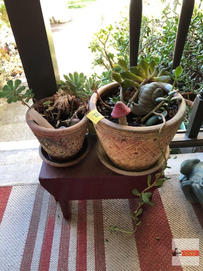 Yard & Garden - 2 potted decor planters w/succulents, resin snail, red bench