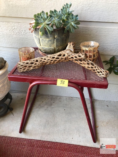 Yard & Garden - Metal patio table 16"hx16"wx12"h w/succulents, driftwood & 2 candles