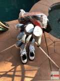 Golfing - Golf clubs, Hippo caddy bag w/balls & tees, Adidas shoes sz. 9