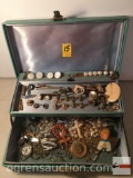 Jewelry - Vintage jewelry box w/ misc. jewelry and buttons, 9.5