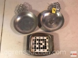3 dishes - 2 pewter from Dental Laboratory, 1 tile trivet styled