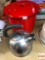 Kitchen - red/white enamelware stock pot and stainless steel tea kettle