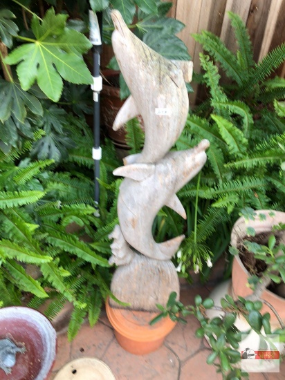 Yard & Garden - lg. wooden dolphins statue 40.5"hx10"w & terra cotta pot 9"h