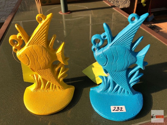 Yard & Garden - Aloha metal table pieces, 2 fish, 1 yellow, 1 blue, could be used for bookends, 7"h