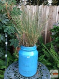 Yard & Garden - Lg. blue Perfect Mason pottery crock, potted wheat grass, 16.5
