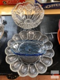 Glassware - 3 - pressed glass bowl, egg plate and blue banana split dish