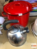 Kitchen - red/white enamelware stock pot and stainless steel tea kettle