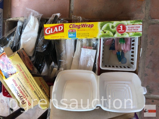 Plastic utensils, lunch sacks, oven cooking bags