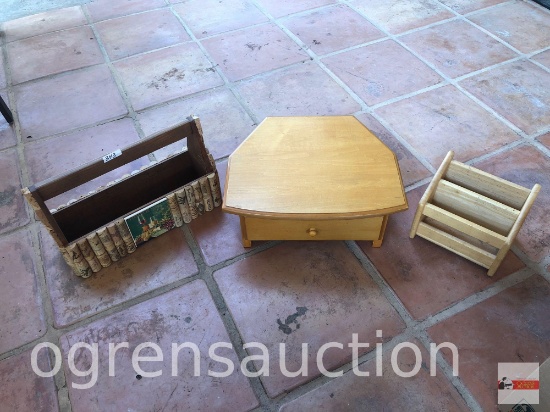 3 items - wood single drawer vanity 14"wx12"dx5.5"h, cork basket box 14"wx5"dx8.5"h, oak desk caddy