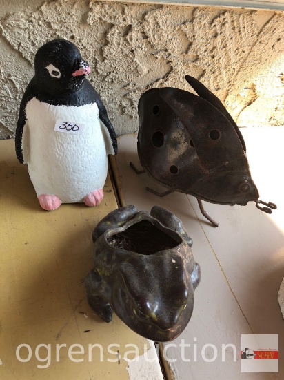 3 Items - frog planter 5"h, penguin statue 9"h and metal beetle 7"h