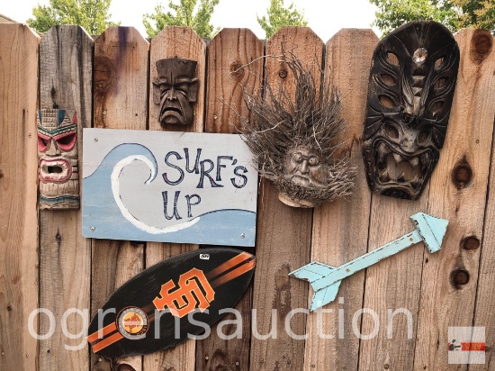 Yard & Garden - 7 items - 4 Tiki masks, 6"h to 16"h, Surf's up sign 18"x11", wooden arrow 16.5"w