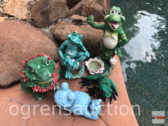 Yard & Garden - 5 frog statuary, ceramic & resin 4"h to 13"h