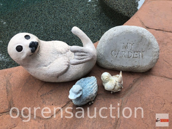 Yard & Garden - 4 items - seal pup 7.5"h, duck, bird, my garden, weighted resin