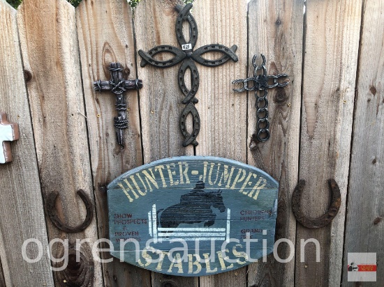 Yard & Garden - 6 items - 3 metal crosses, wooden sign & 2 horseshoes