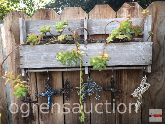 Yard & Garden - Wooden planter box 24"wx11"h with 6 metal decor crosses 5"h to 10"h