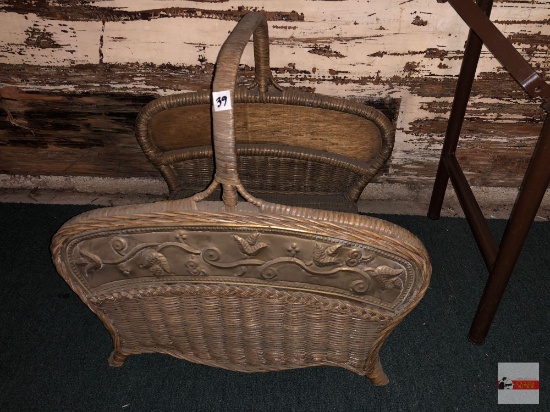 Vintage wicker & pressed tin kindling basket, 15"wx19"wx18"h