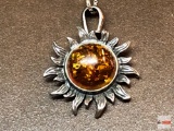 Jewelry - sterling, necklace w/sterling sun pendant, amber center