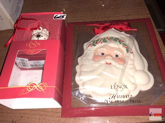 Holiday Decor - Christmas - 2 Lenox - Santa cookie press 6"h & Just Jingles Bow Bell 1.5"h, in boxes