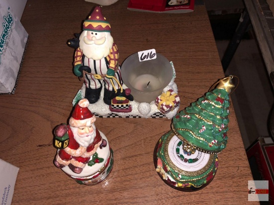 Holiday Decor - Christmas - 3 - tree music box, Santa box & Debbie Mumm Santa votive candle holder