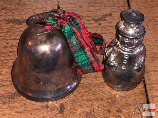 Holiday Decor - Christmas - 2 silver plated, Bridalane England Rudolph bell 3"h & snowman 3"h