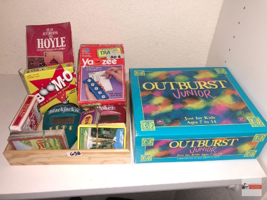 Games - Outburst Junior, Yahtzee travel, playing cards, Boom-o, handheld poker/blackjack etc.